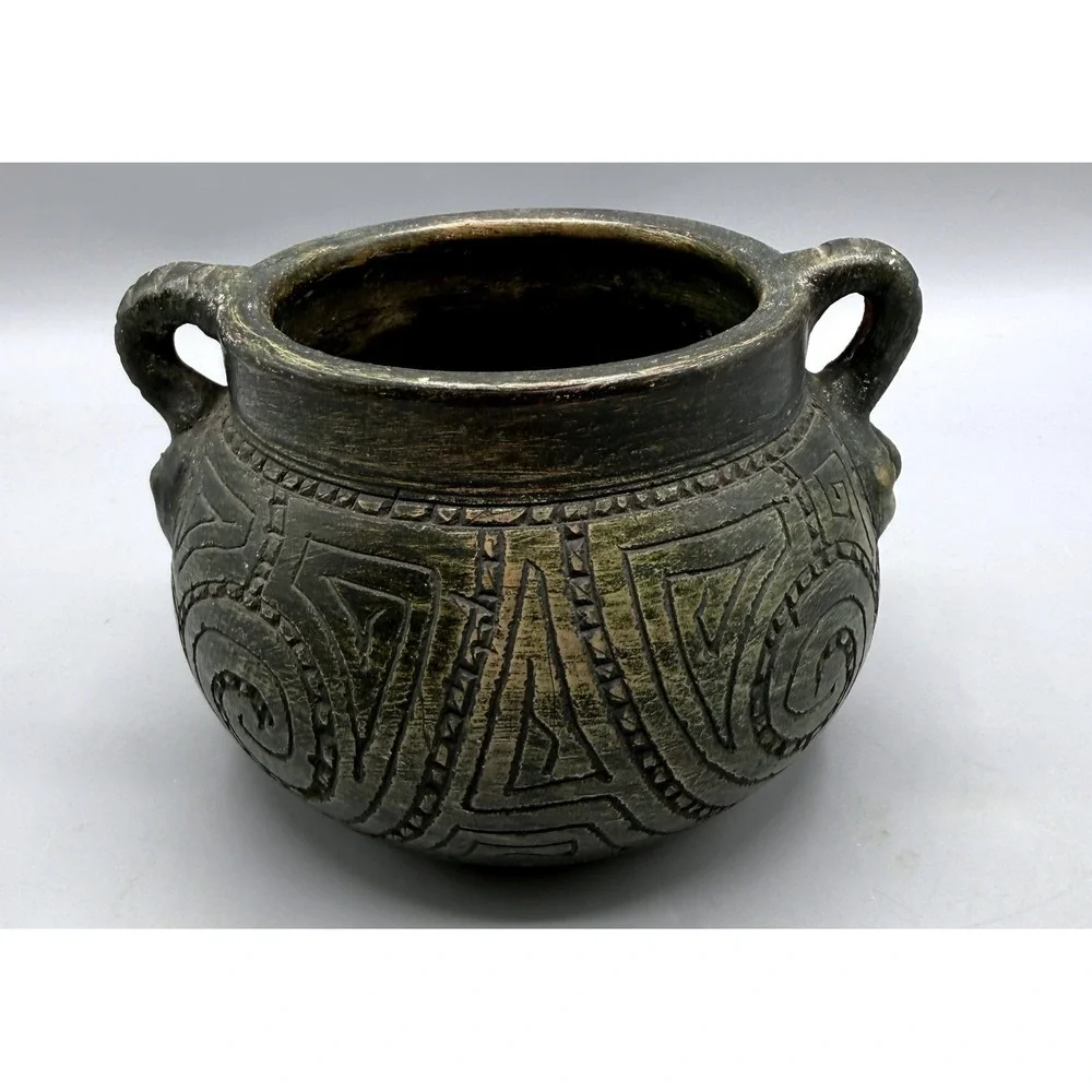 Primitive Hand Carved Pottery Vessel Incised Tribal Geometric Spiral w/Faces 5in